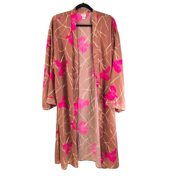 Cardigan Satin Robe in Floral Pink and Brown - Picture 1 of 7